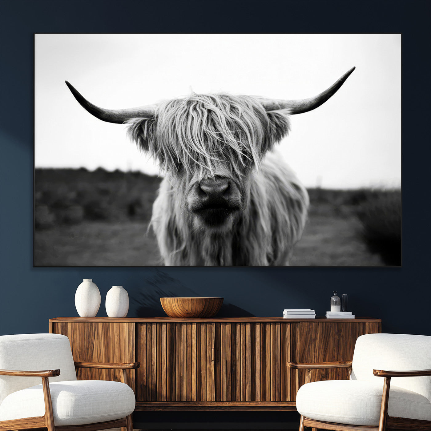 SEG-FC-51X34_Oversize - Highland Cow Wall Art | Black and White Farmhouse Decor | Triptych Canvas Print | Rustic Barn Decor