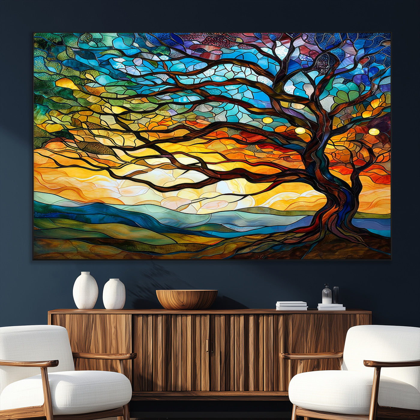 SEG-FC-51X34_Oversize - Vibrant Mosaic Tree of Life Wall Art | Stained Glass Style Canvas Print | Ready to Hang Artistic