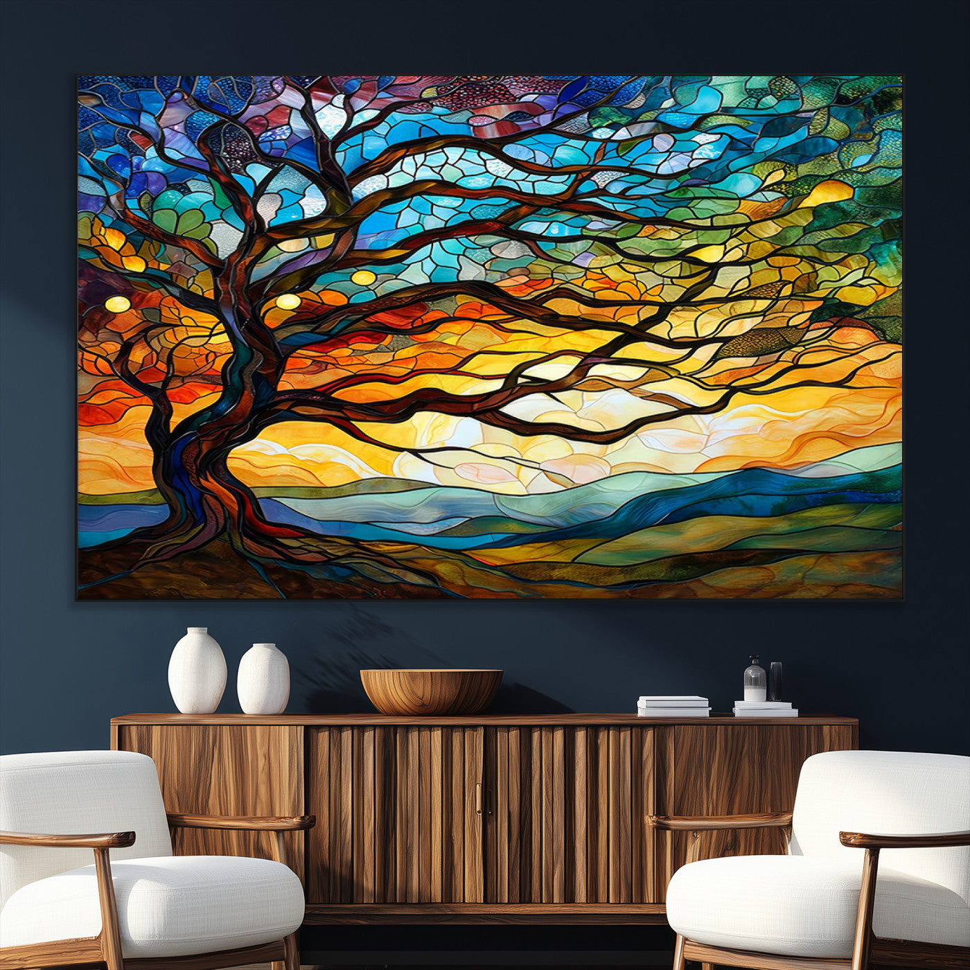 SEG-FC-51X34_Oversize - Mosaic Tree Wall Art | Ready to Hang Stained Glass Style Canvas Print | Farmhouse Wall Decor, Cabin
