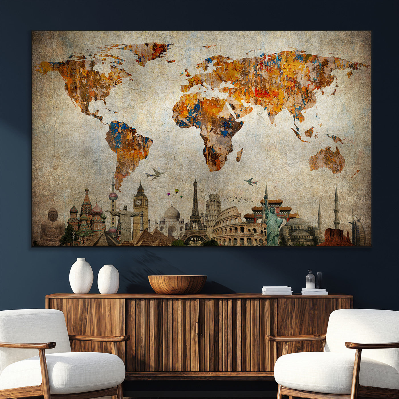 SEG-FC-51X34_Oversize - Push Pin World Map Canvas Print – Framed Wall Art for Couples to Track Their Travels – Anniversary