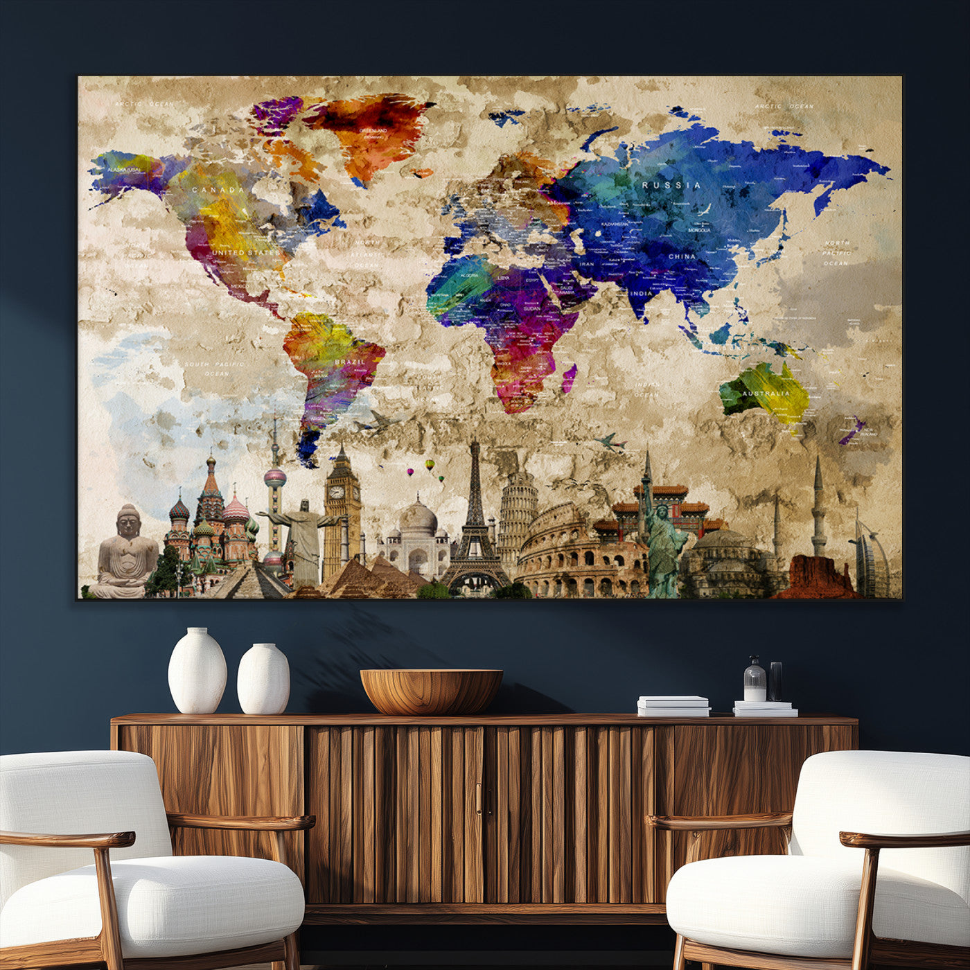 SEG-FC-51X34_Oversize - Push Pin World Map Canvas Print – Framed Wall Art for Couples to Track Their Travels – Anniversary