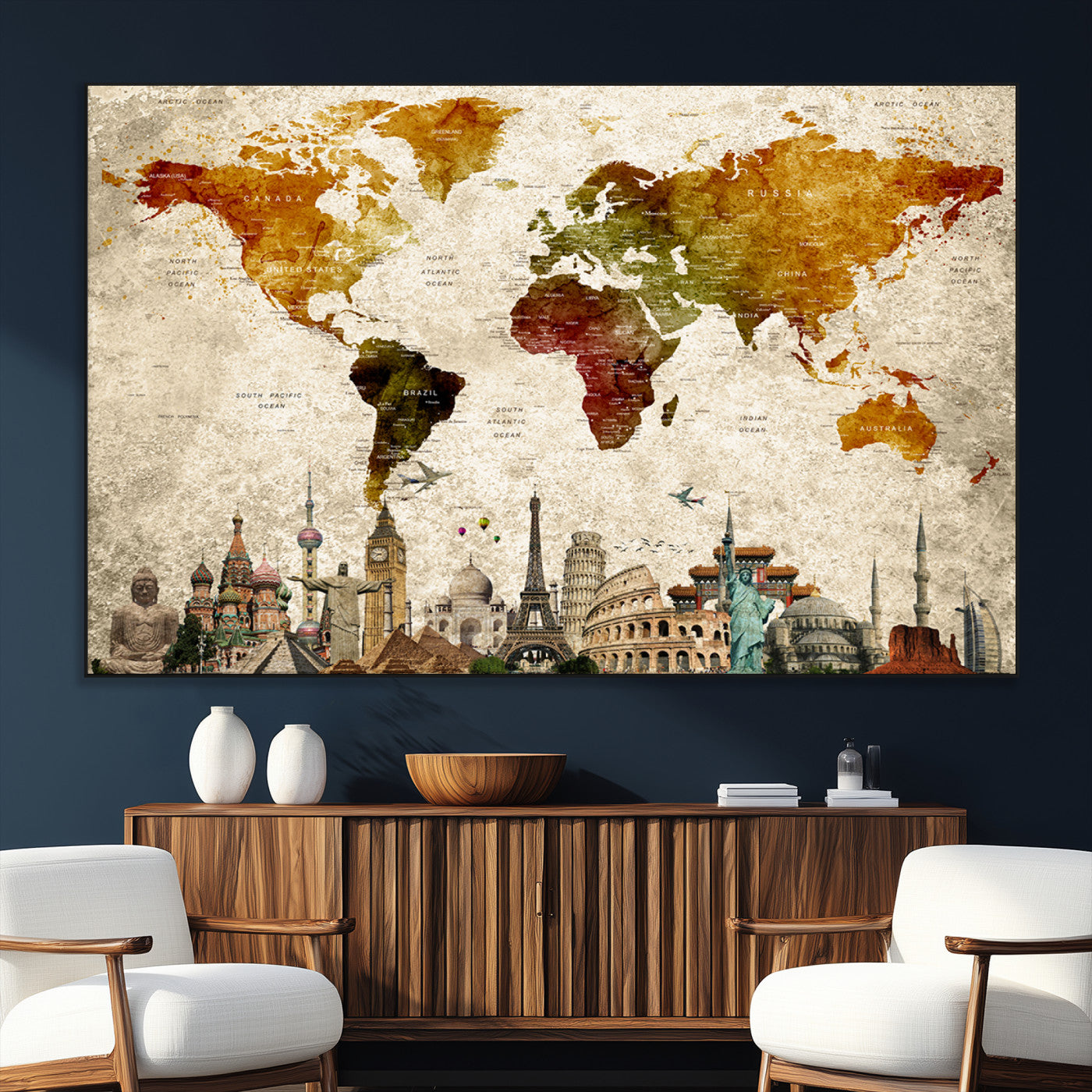 SEG-FC-51X34_Oversize - Push Pin World Map Canvas Print – Framed Wall Art for Couples to Track Their Travels – Anniversary