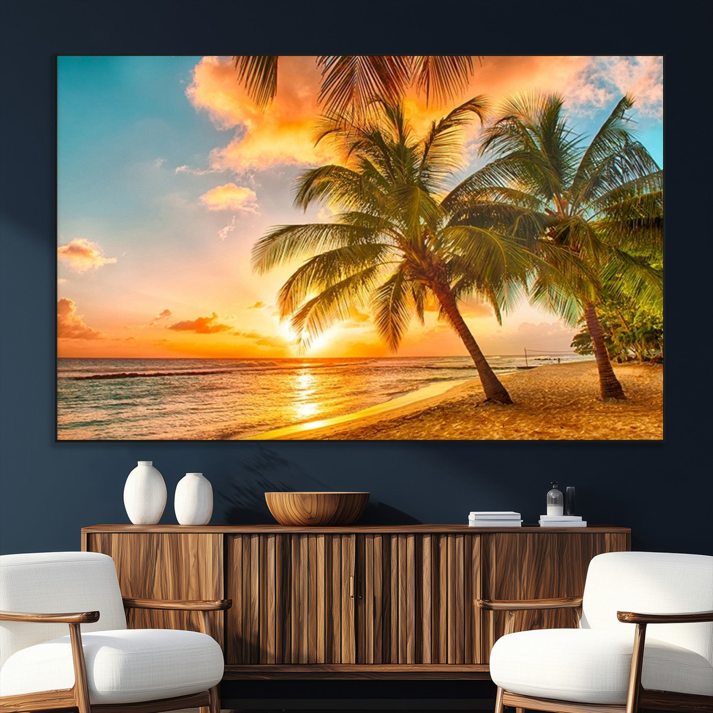 SEG-FC-51X34_Oversize - Tropical Sunset Beach Canvas Wall Art Print – Vibrant Palm Trees and Coastal Sunset Wall Decor for