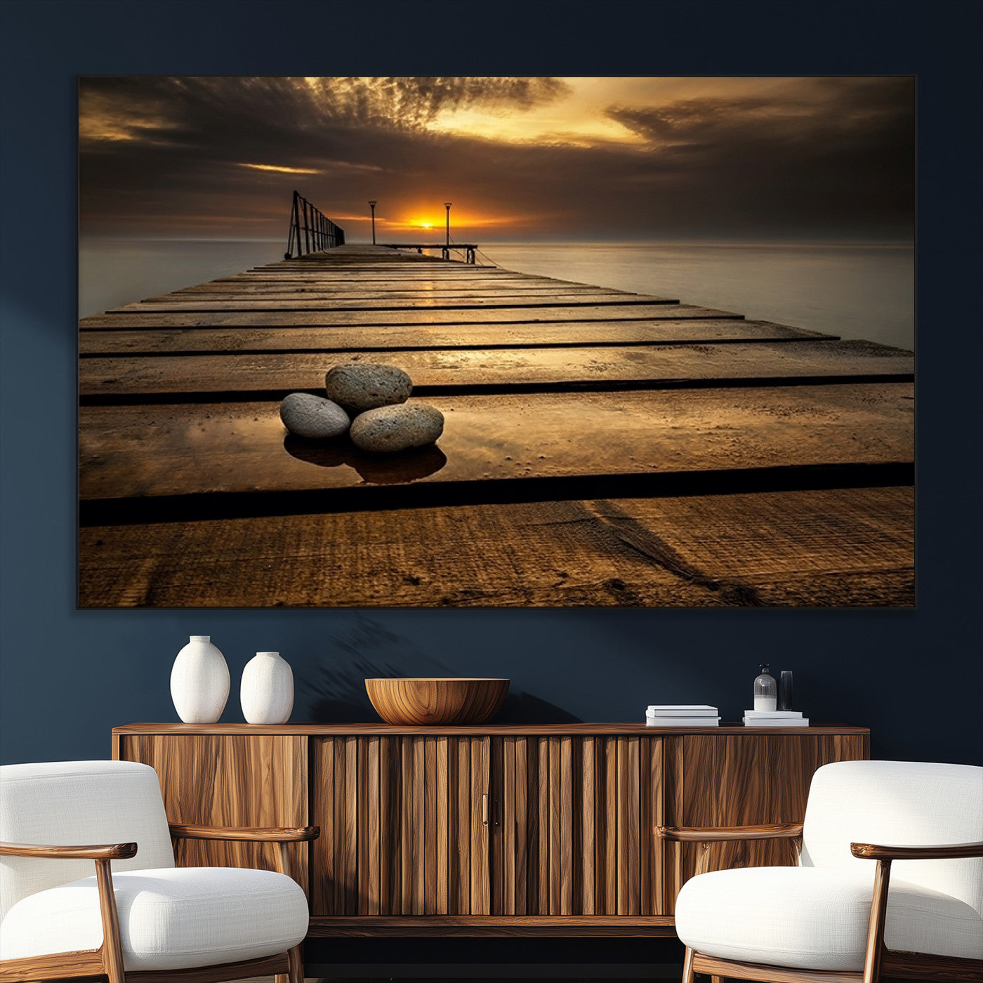 SEG-FC-51X34_Oversize - Stones on Wooden Pier at Sunset Canvas Print, Serene Coastal Wall Art, Beach Sunset Photography,