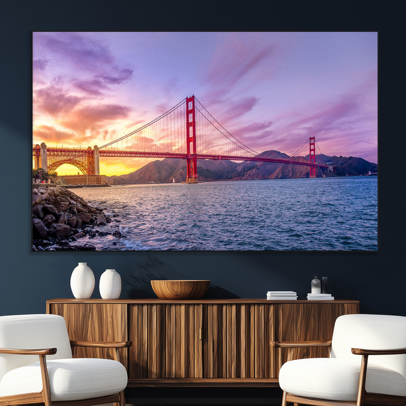 SEG-FC-51X34_Oversize - Golden Gate Bridge Wall Art Print, San Francisco Sunset Canvas Wall Art, Cityscape Canvas Print for