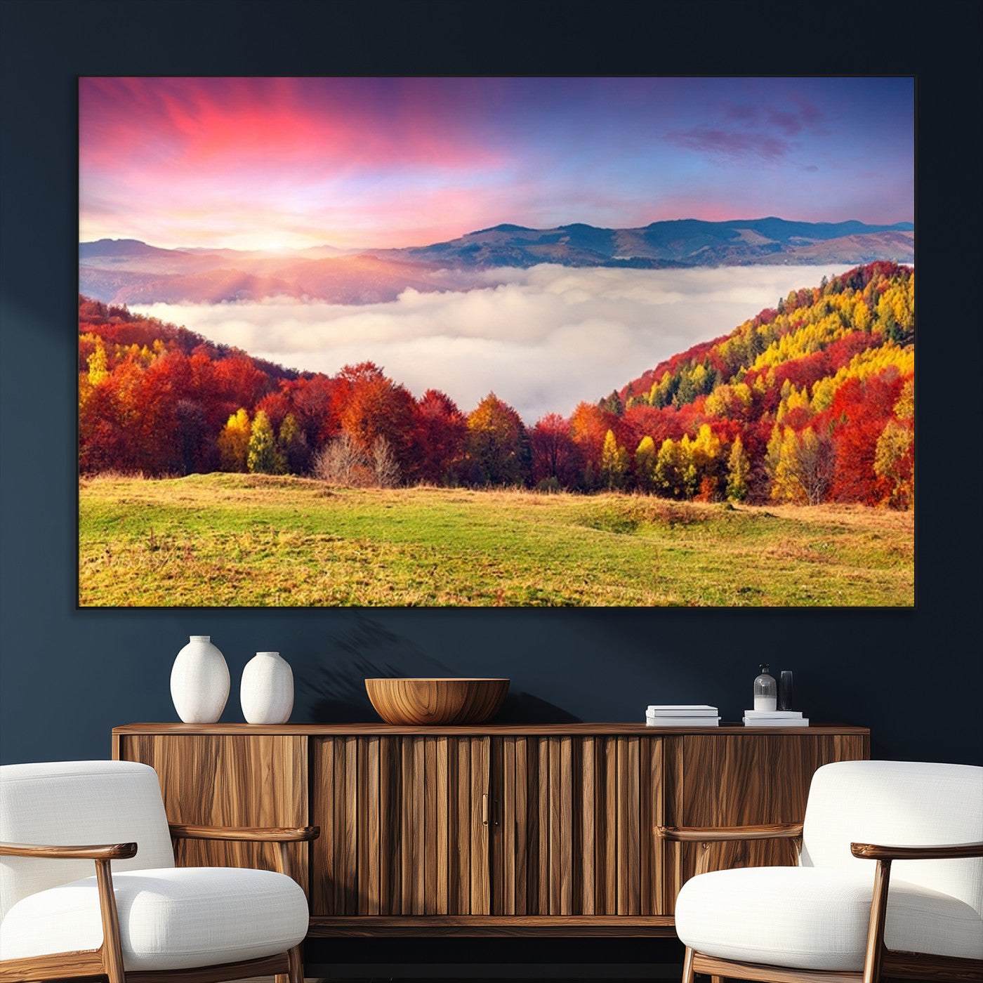 SEG-FC-51X34_Oversize - Autumn Mountain Foggy Landscape Wall Art Canvas Print | Beautiful Forest Canvas Print | Misty