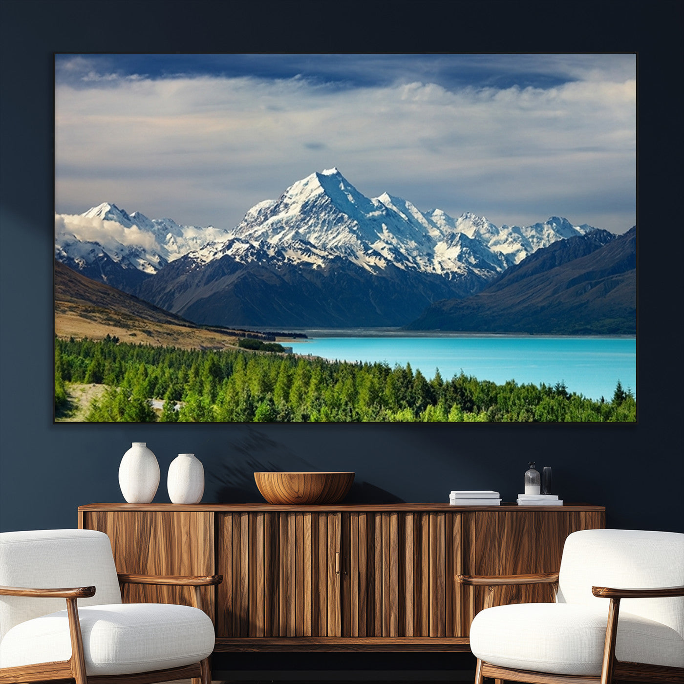 SEG-FC-51X34_Oversize - Mount Cook and Lake Pukaki Canvas Wall Art Print – Majestic Snow-Capped Peaks and Serene Lake Wall