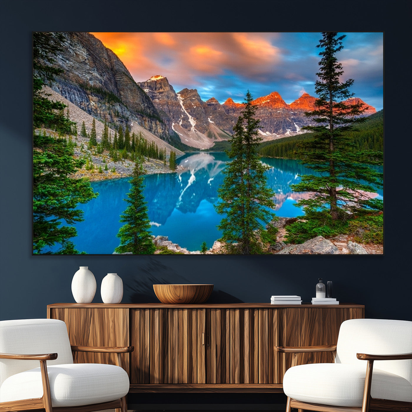SEG-FC-51X34_Oversize - Canadian Rockies Moraine Lake Wall Art Canvas Print, Pine Trees Mountain Spring Canvas Print