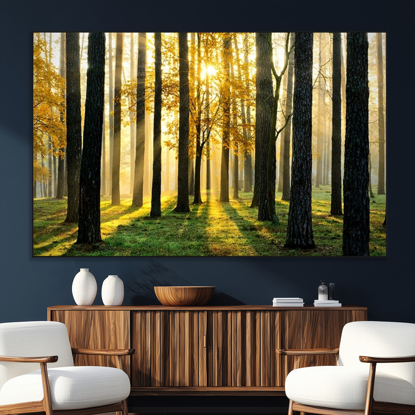 SEG-FC-51X34_Oversize - Sunlit Forest Canvas Wall Art – Serene Woodland Triptych Landscape Print – Nature-Inspired Decor for