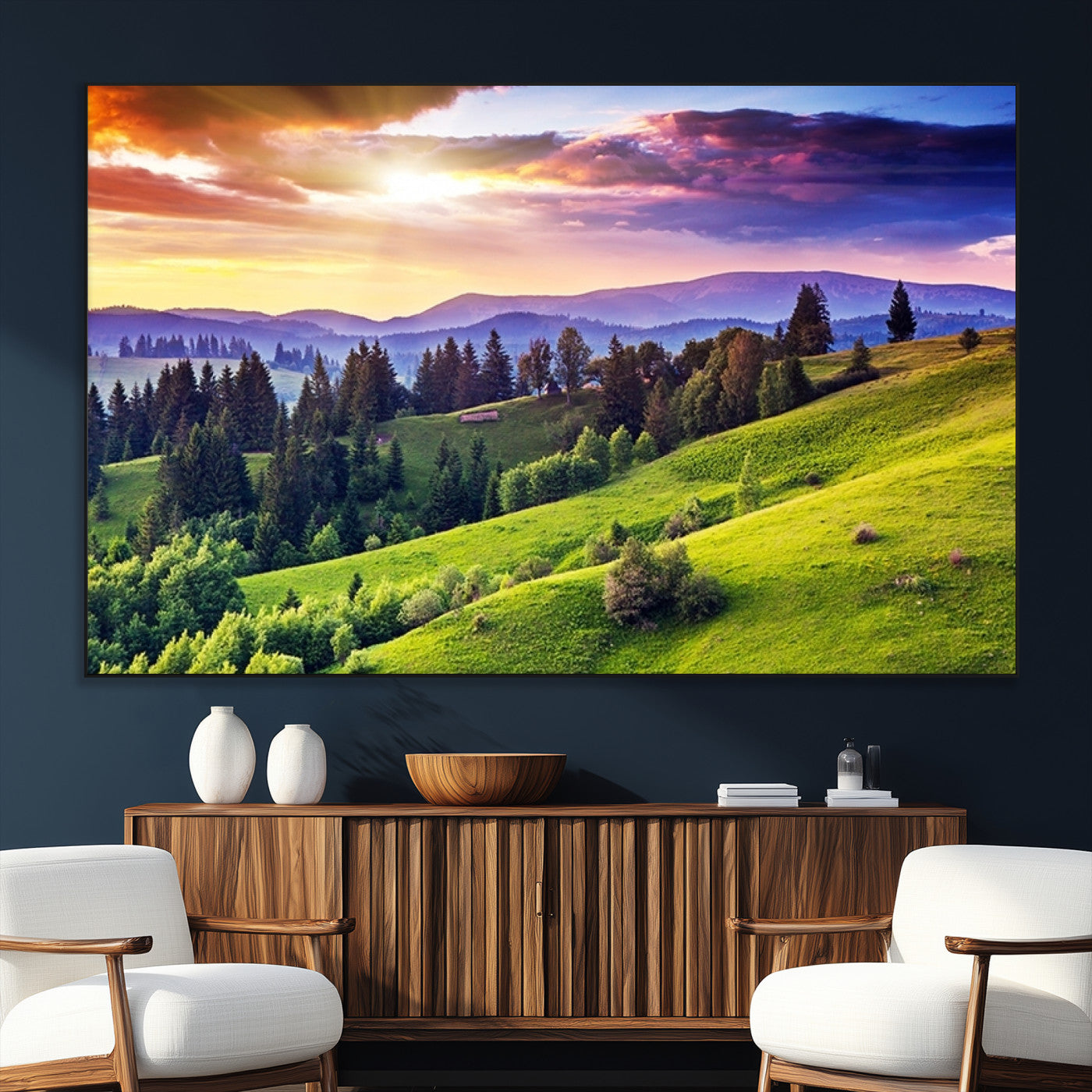 SEG-FC-51X34_Oversize - Green Hills and Sunset Wall Art Print - Scenic Landscape with Lush Greenery and Vibrant Sky, Ready