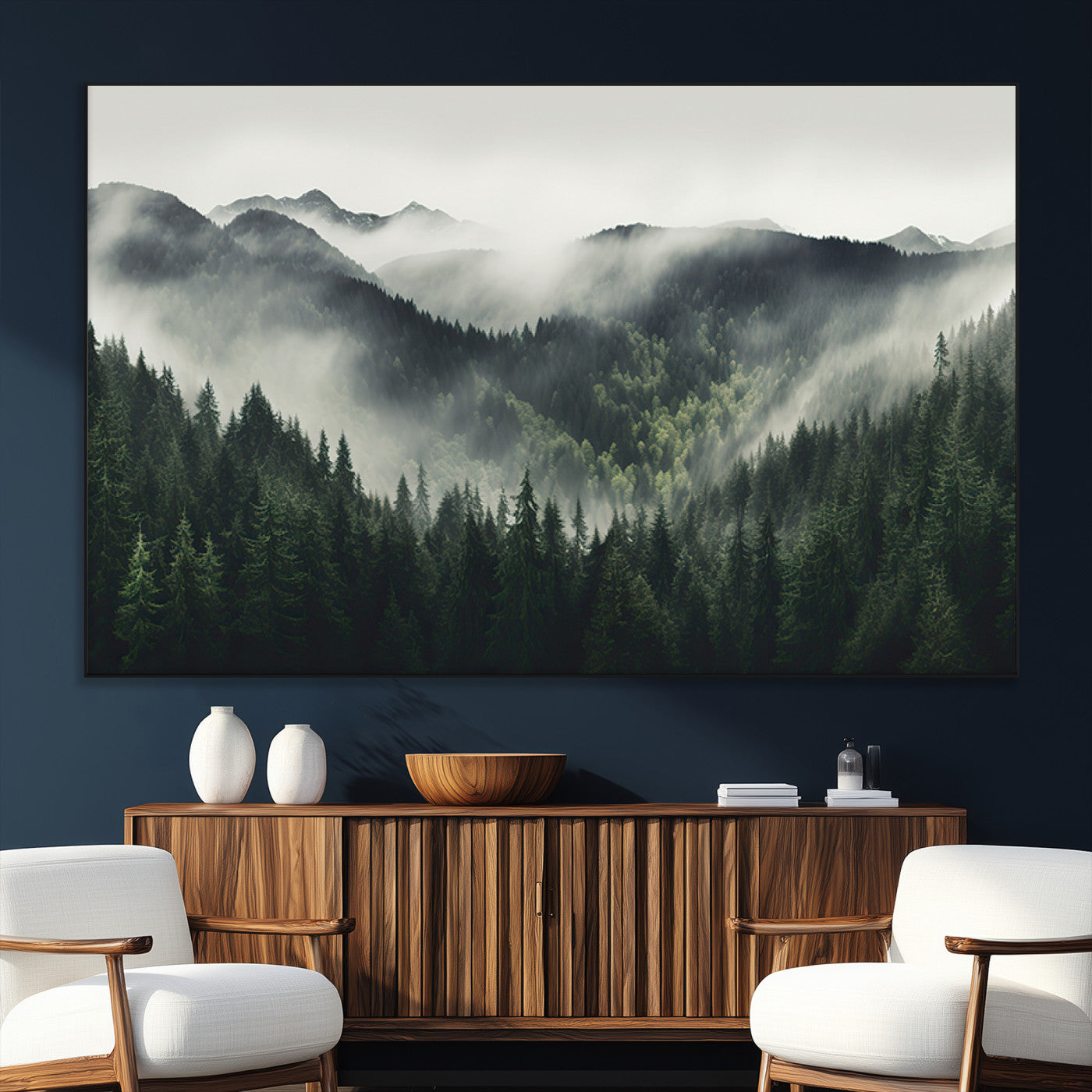 SEG-FC-51X34_Oversize - Misty Forest Canvas Print Wall Art Premium Canvas Print a Foggy and Serene Atmosphere