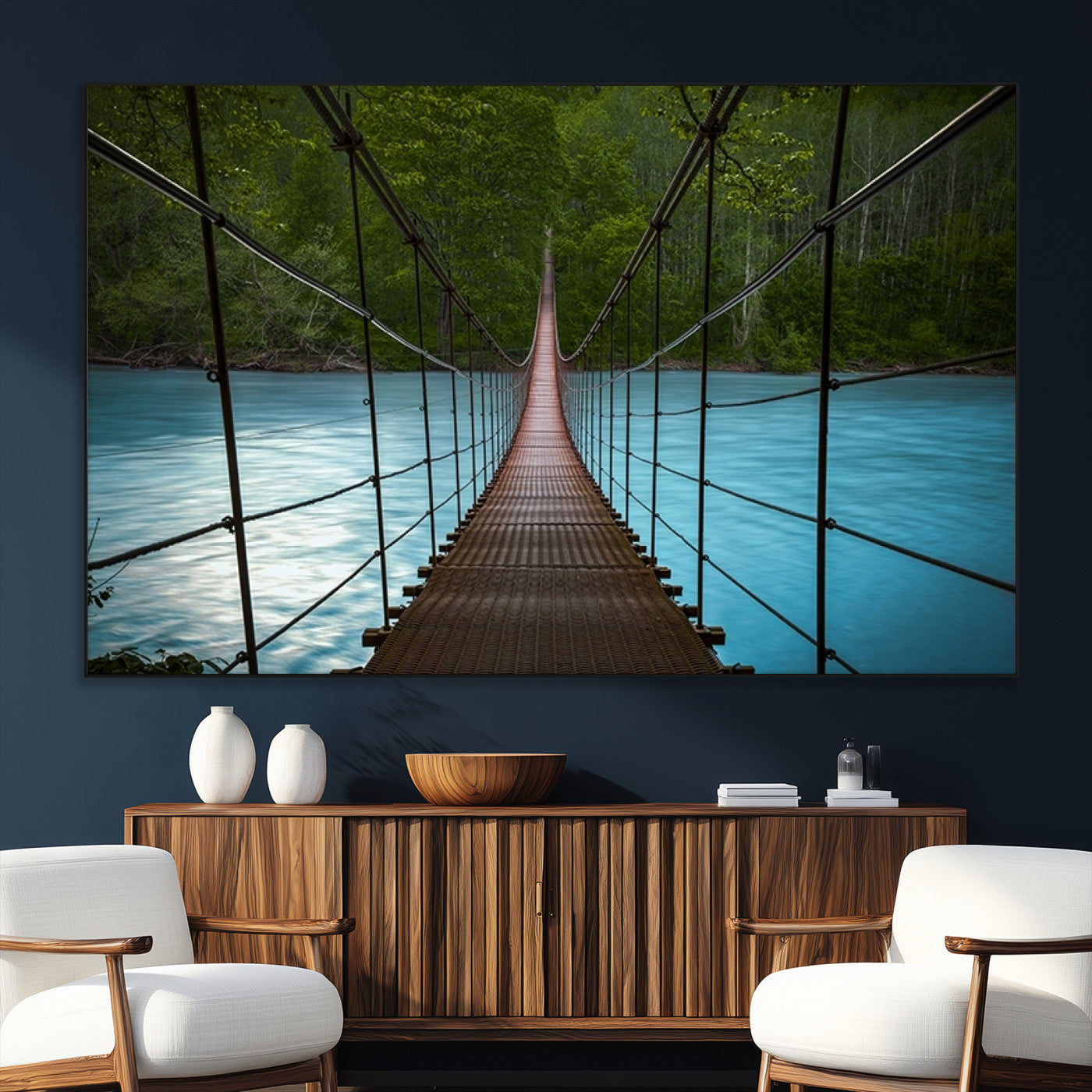 70229-SEG-FC-51X34_Oversize_Oversize-Suspension Bridge Over River Canvas Art | 3-Panel Nature Photography | Scenic Wall Art for Living