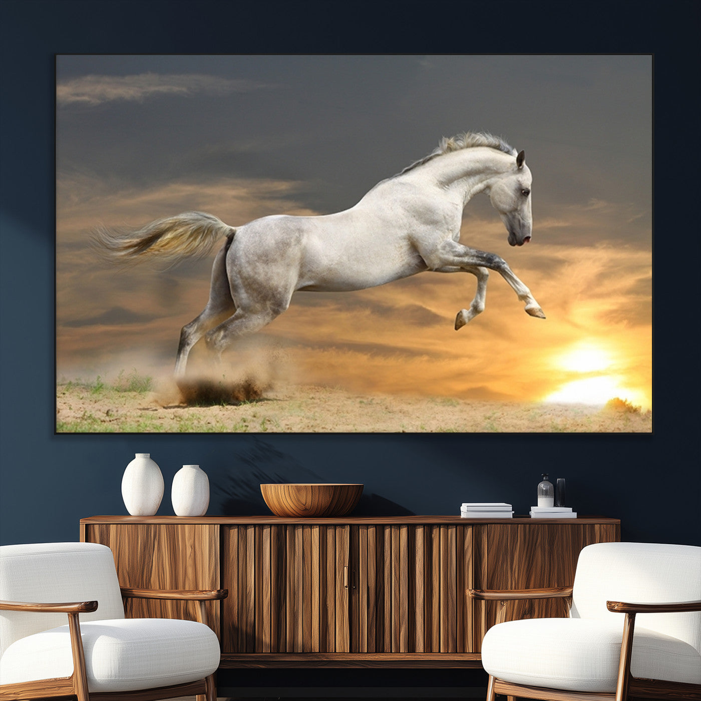SEG-FC-51X34_Oversize - Large Wall Art Animal Canvas Print - White Jumping Horse at Sunset