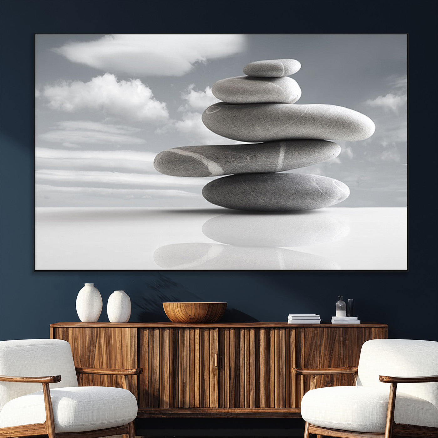 SEG-FC-51X34_Oversize - Still Life Black and White Zen Stones Wall Art Canvas, Framed Black and White Zen Stones Canvas