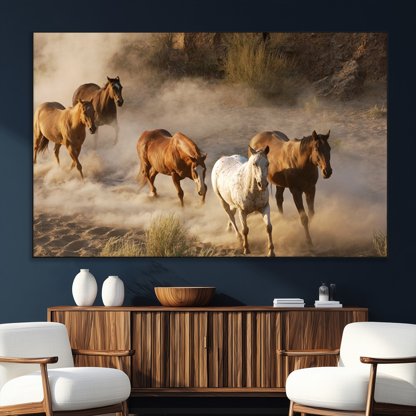 SEG-FC-51X34_Oversize - Large Wall Art 5 Horses Running on Sand Canvas Print