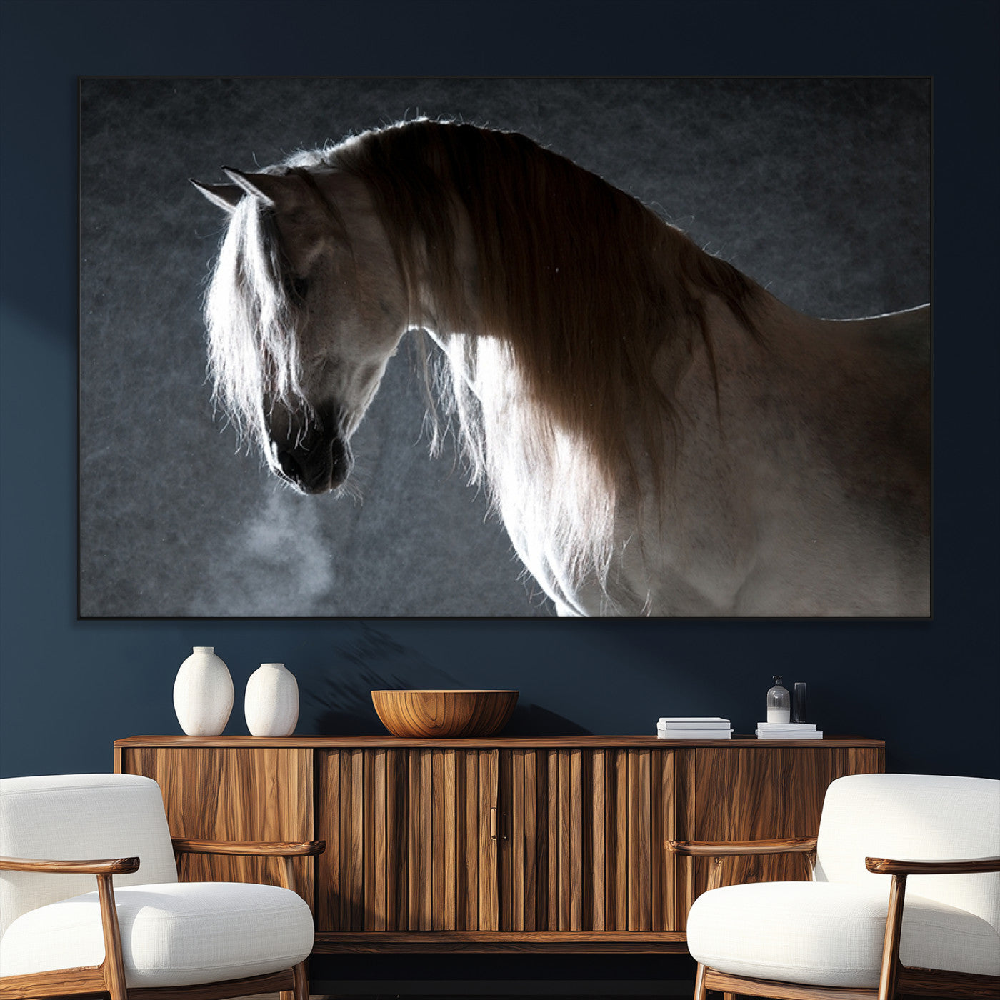 SEG-FC-51X34_Oversize - Large Wall Art Cream Colored Horse on Grey Background Canvas Print