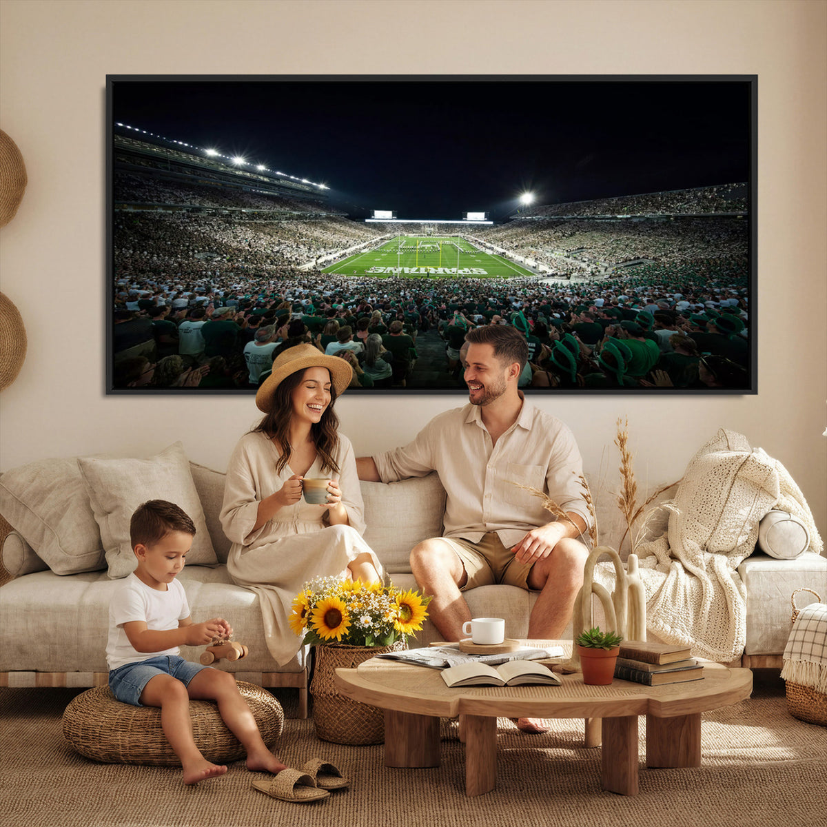 57523-PAN-FL-20X10 - Framed Michigan State Spartans Football Team Print - East Lansing Spartan Stadium Wall Art Canvas