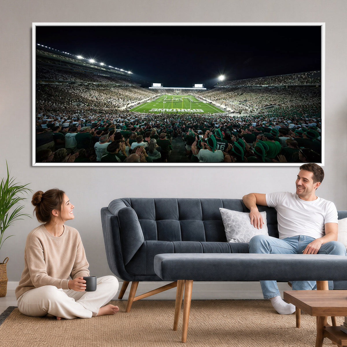57523-PAN-FL-20X10 - Framed Michigan State Spartans Football Team Print - East Lansing Spartan Stadium Wall Art Canvas