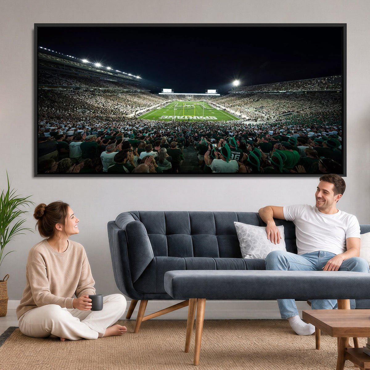 57523-PAN-FL-20X10 - Framed Michigan State Spartans Football Team Print - East Lansing Spartan Stadium Wall Art Canvas