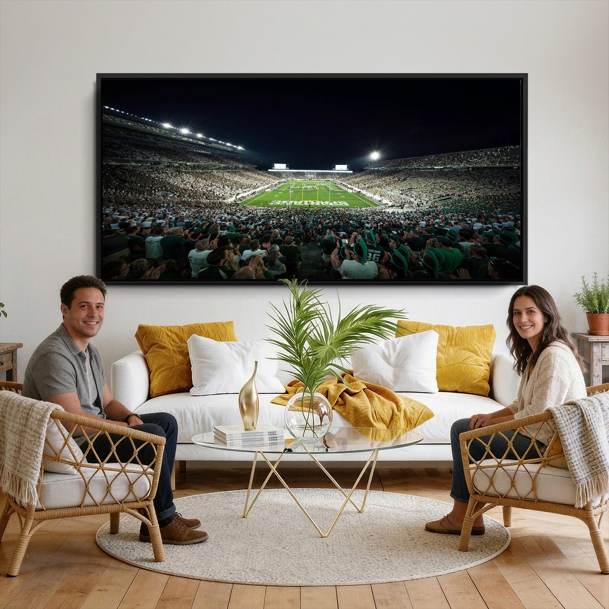 57523-PAN-FL-20X10 - Framed Michigan State Spartans Football Team Print - East Lansing Spartan Stadium Wall Art Canvas