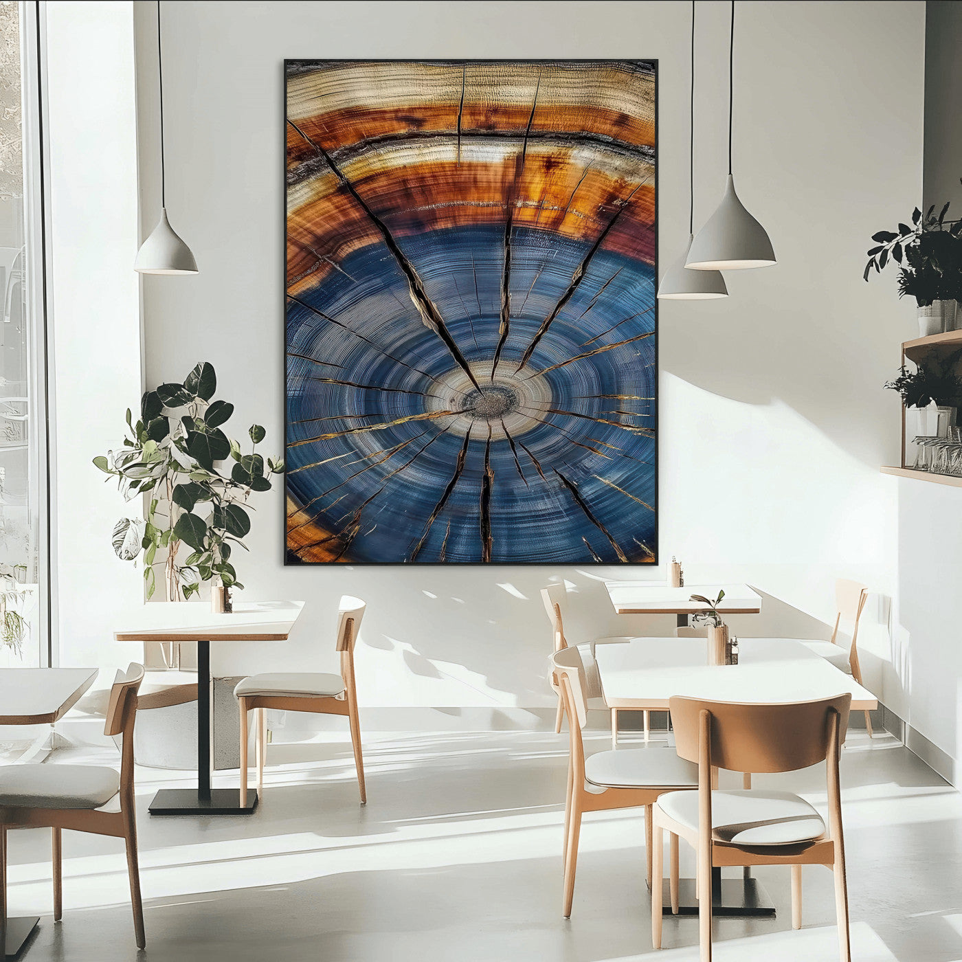 SEG-FC-51X34_Oversize - Tree Rings Wall Art Canvas Print, Framed Wood Texture Art Picture Print, Blue Grain Perfect Rustic Modern Decor Artwork