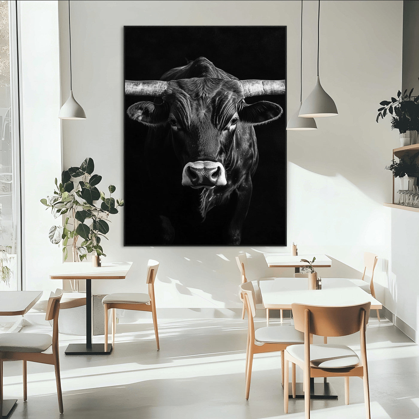 SEG-FC-51X34_Oversize - Texas Longhorn Wall Art Canvas Print, Framed Monochrome Bull Art Picture Print, Horned Bull Perfect Minimalist Western Decor Artwork
