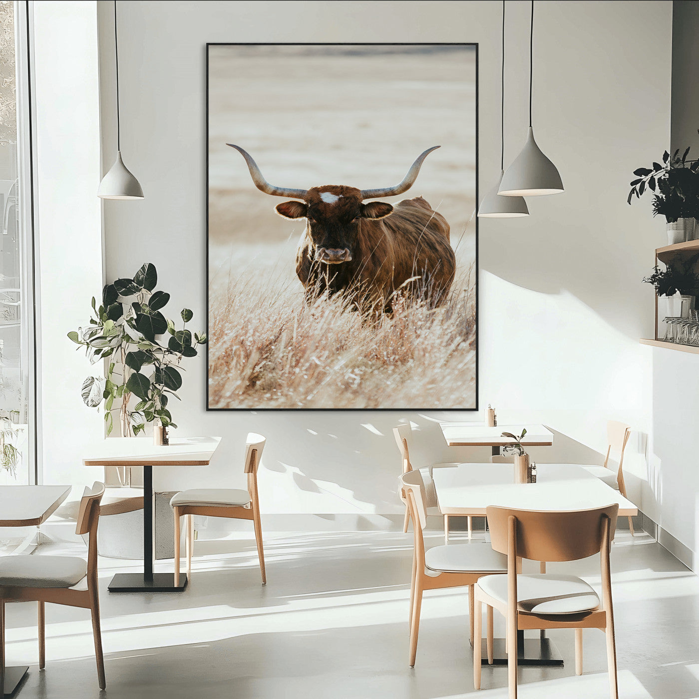 SEG-FC-51X34_Oversize - Texas Longhorn Wall Art Canvas Print, Framed Brown Cattle Art Picture Print, Horned Bull Perfect Rustic Western Decor Artwork