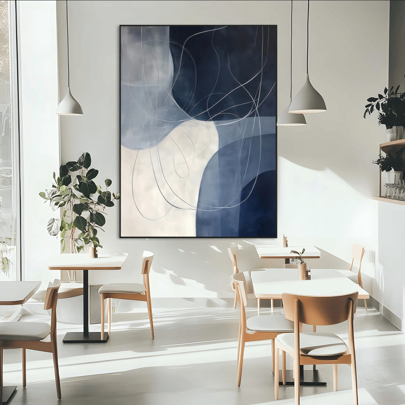 SEG-FC-51X34_Oversize - Navy Abstract Wall Art Canvas Print, Framed Minimal Lineart Art Picture Print, Abstract Shapes Perfect Minimalist Abstract Decor Artwork