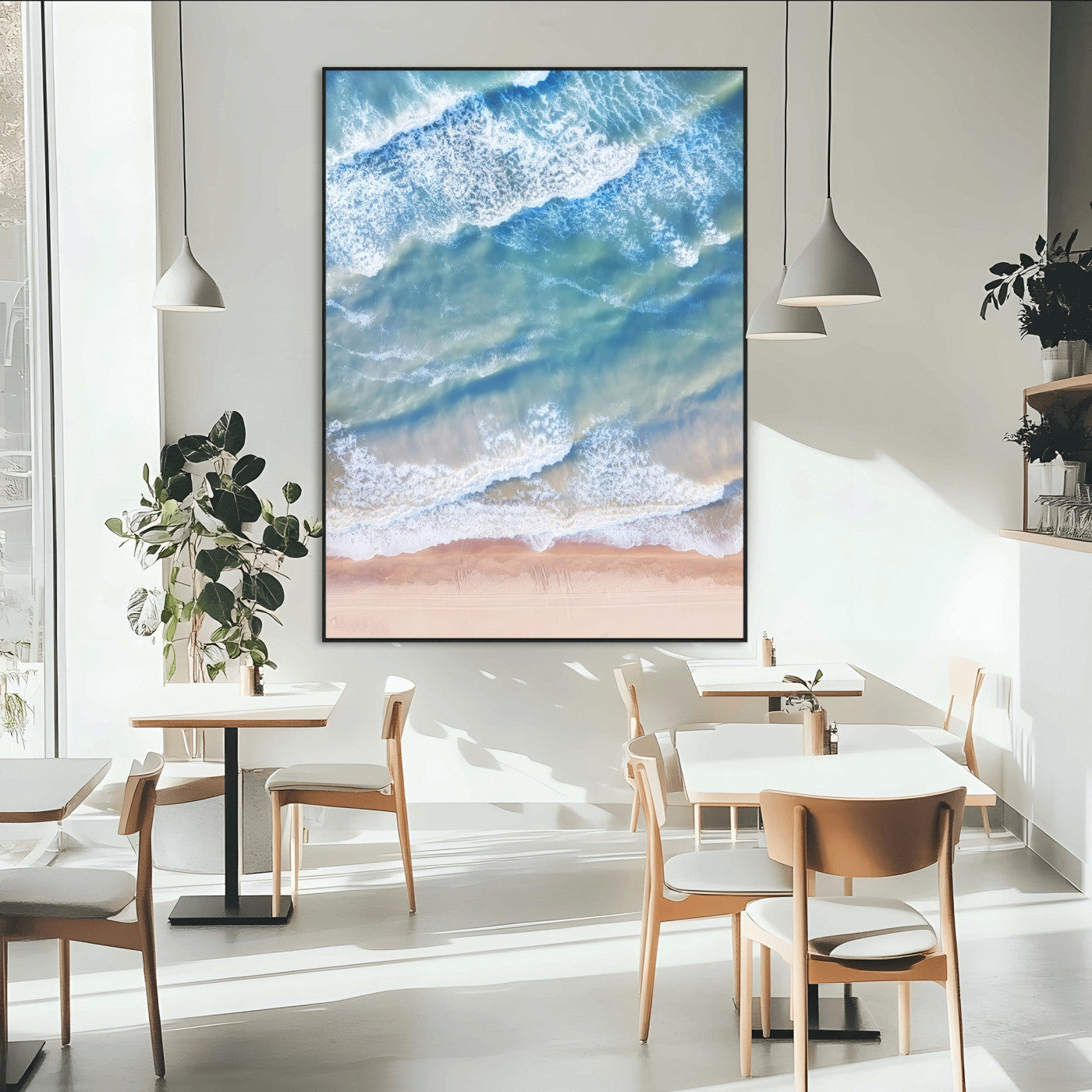 SEG-FC-51X34_Oversize - Aerial Ocean View Wall Art Canvas Print, Framed Soft Blue Waves Art Picture Print, Sandy Shoreline Perfect Modern Coastal Decor Artwork