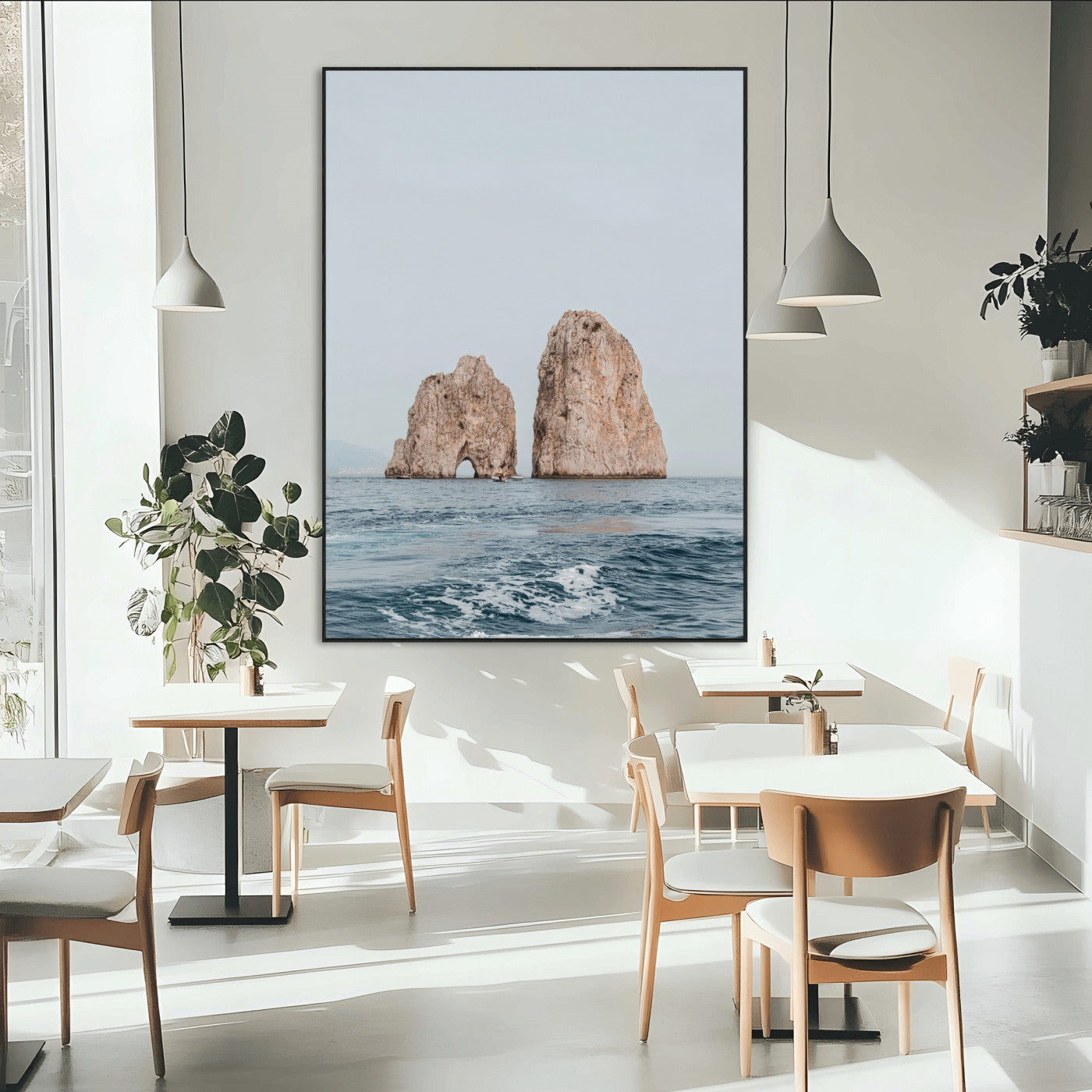 SEG-FC-51X34_Oversize - Faraglioni Capri Wall Art Canvas Print, Framed Serene Ocean Art Picture Print, Mediterranean Coastal View Perfect Mediterranean Minimalist Decor Artwork