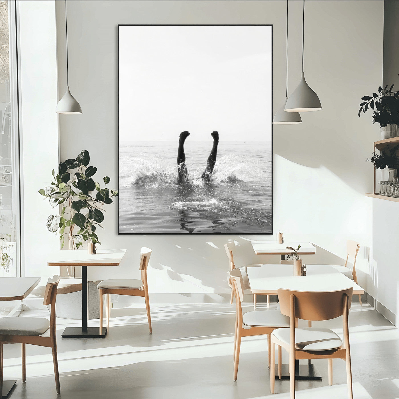 SEG-FC-51X34_Oversize - Minimal Ocean Wall Art Canvas Print, Framed Monochrome Diving Art Picture Print, Swimmer in Sea Perfect Minimalist Coastal Decor Artwork