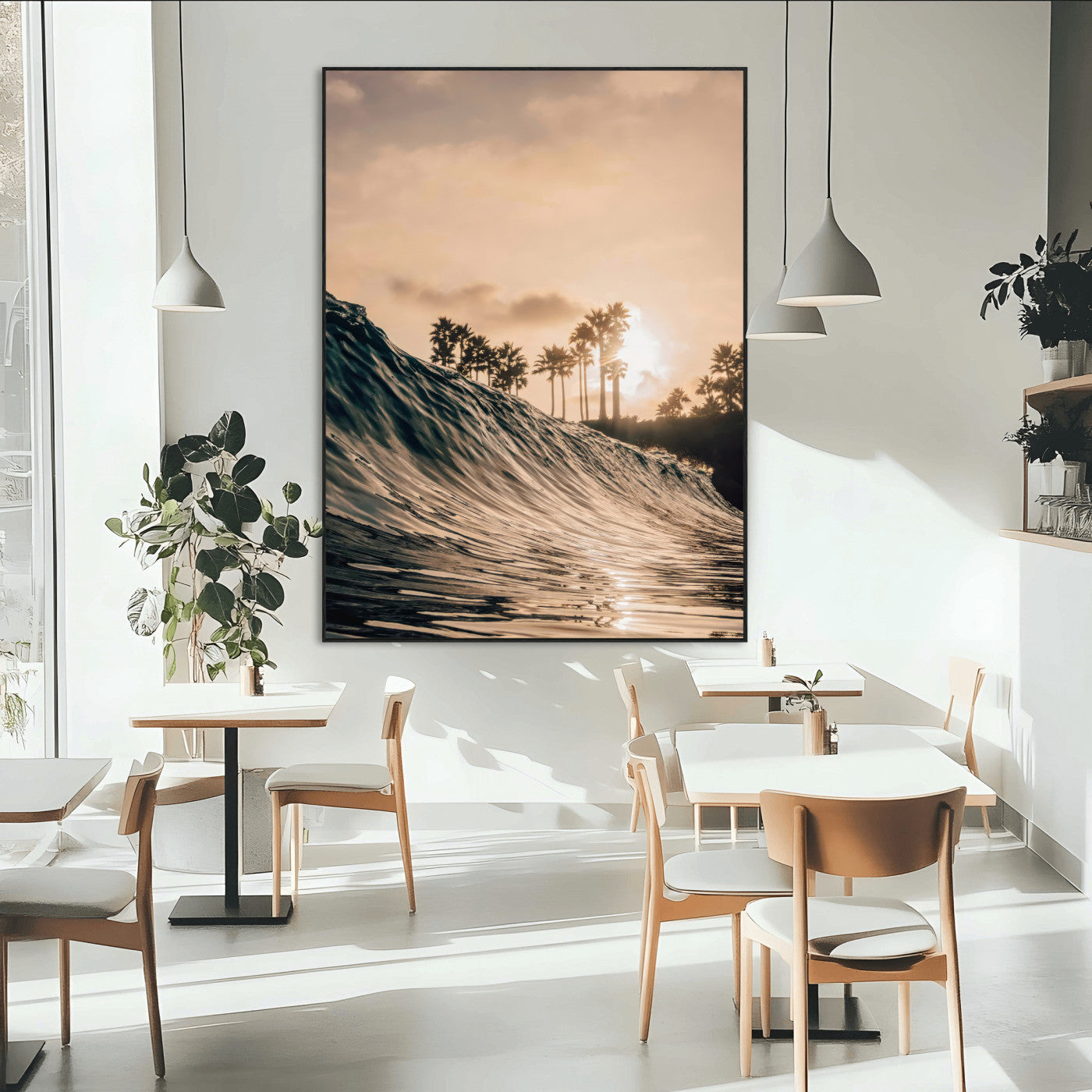 SEG-FC-51X34_Oversize - Golden Hour Ocean Wave Wall Art Canvas Print, Framed Tropical Beach Sunset Art Picture Print, Palm Tree Silhouettes Perfect Tropical Coastal Decor Artwork