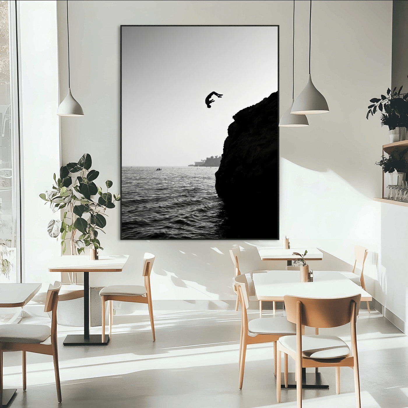 SEG-FC-51X34_Oversize - Cliff Jumping Silhouette Wall Art Canvas Print, Framed Black White Ocean Art Picture Print, Monochrome Cliff Dive Perfect Minimalist Adventure Decor Artwork