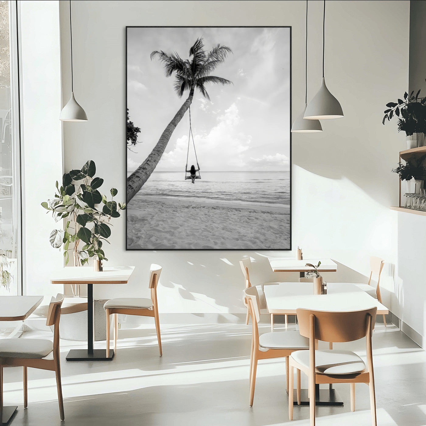 SEG-FC-51X34_Oversize - Black White Palm Tree Wall Art Canvas Print, Framed Minimalist Beach Swing Art Picture Print, Monochrome Coastal Perfect Minimalist Coastal Decor Artwork
