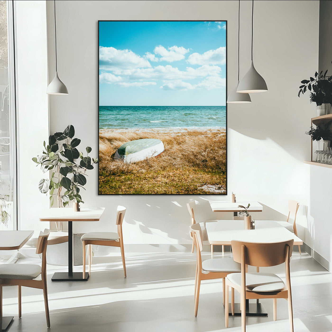 SEG-FC-51X34_Oversize - Coastal Serenity Wall Art Canvas Print, Framed Ocean View Art Picture Print, Rustic Boat Perfect Nautical Coastal Decor Artwork