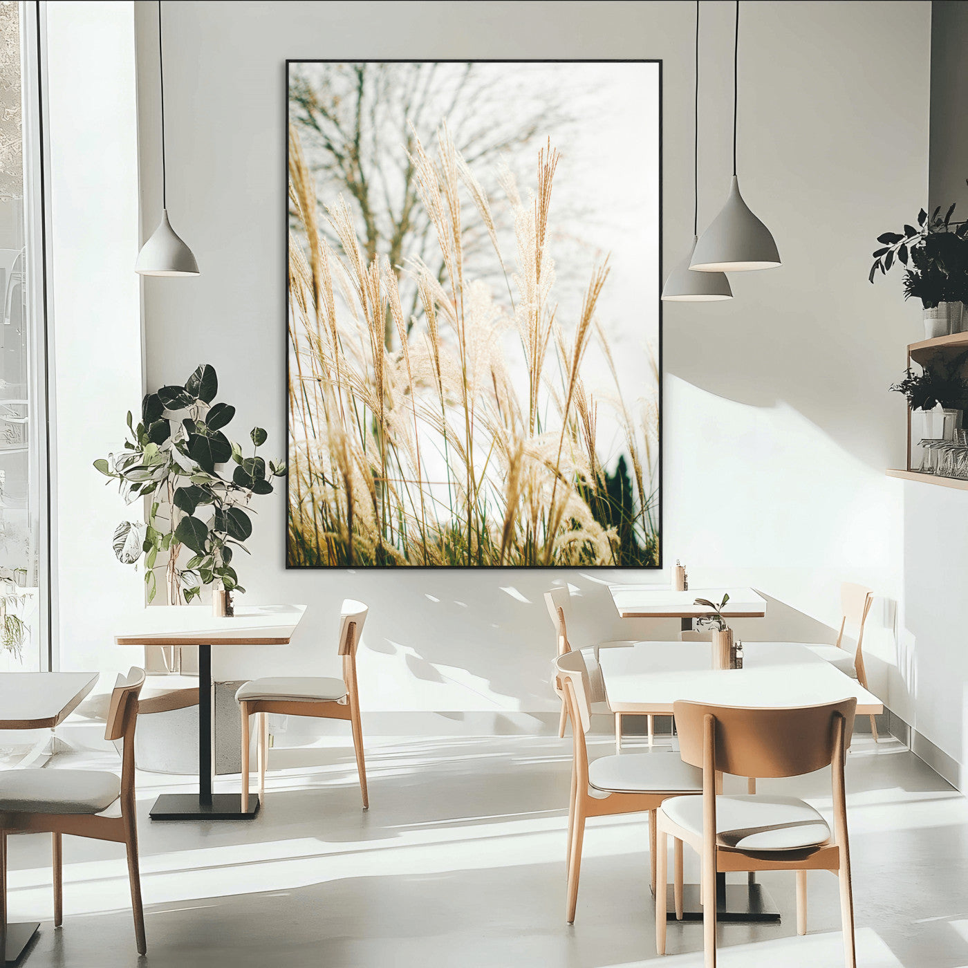 SEG-FC-51X34_Oversize - Pampas Grass Wall Art Canvas Print, Framed Neutral Tones Art Picture Print, Minimalist Nature Perfect Boho Minimalist Decor Artwork