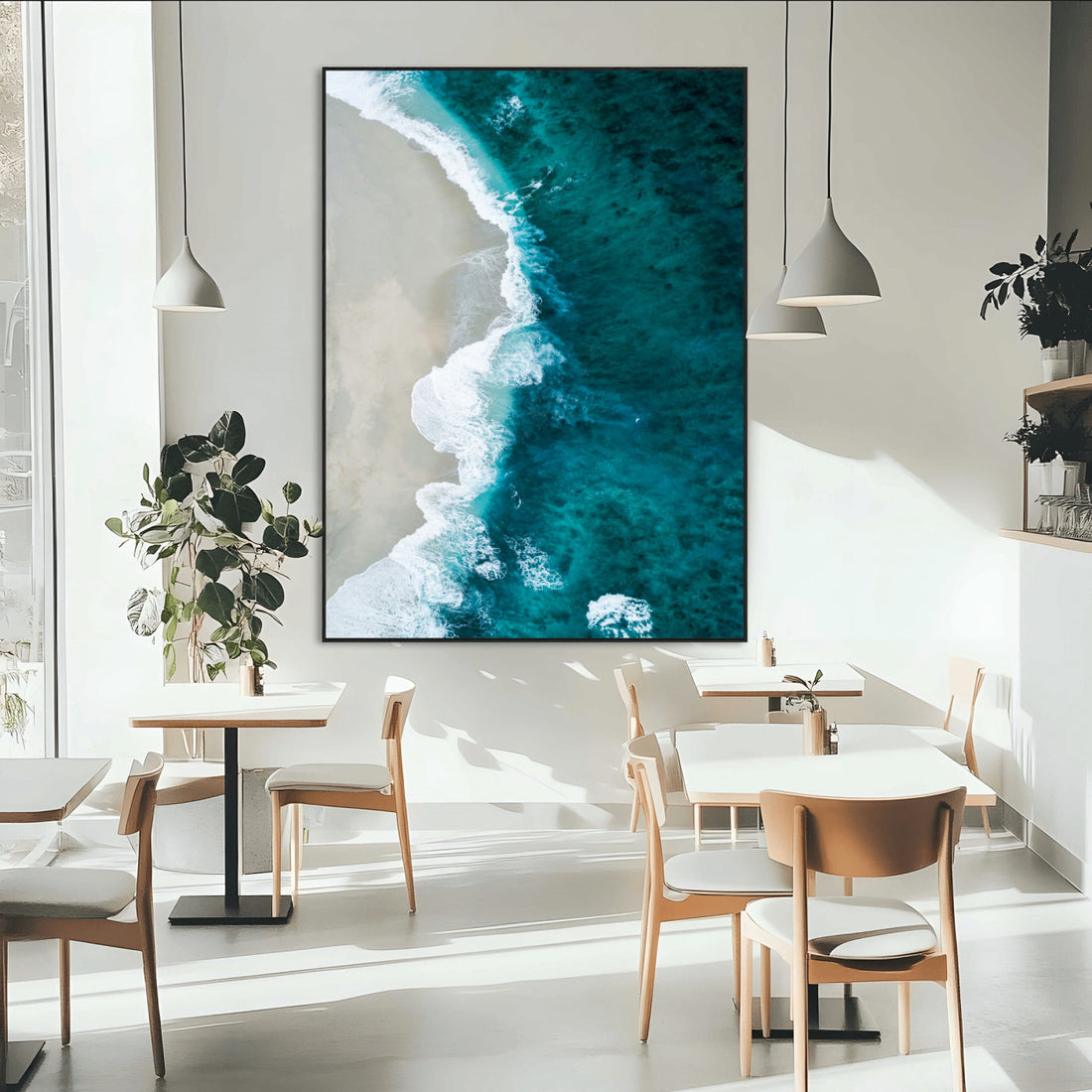 Aerial Ocean View Wall Art Canvas Print, Framed Coastal Serenity Art, Turquoise Waves Modern Coastal Decor