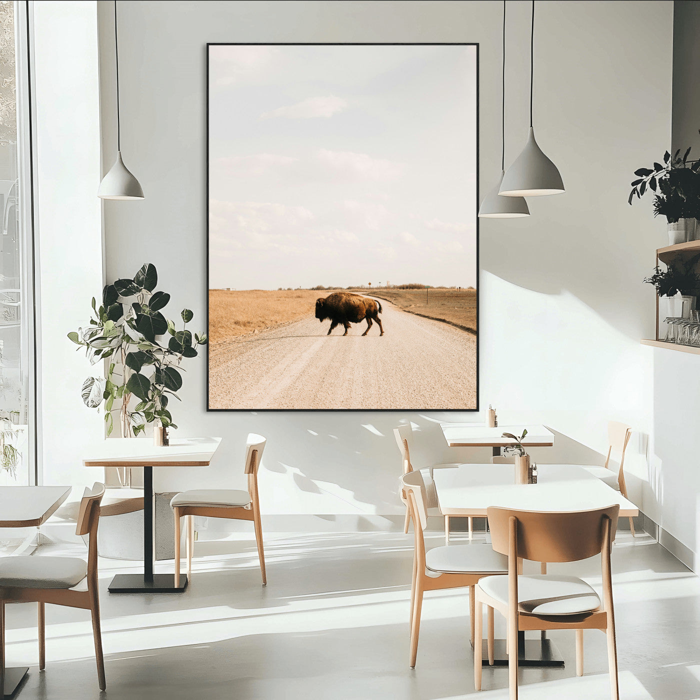 SEG-FC-51X34_Oversize - Bison Crossing Wall Art Canvas Print, Framed Western Landscape Art Picture Print, Prairie Road Perfect Modern Ranch Decor Decor Artwork
