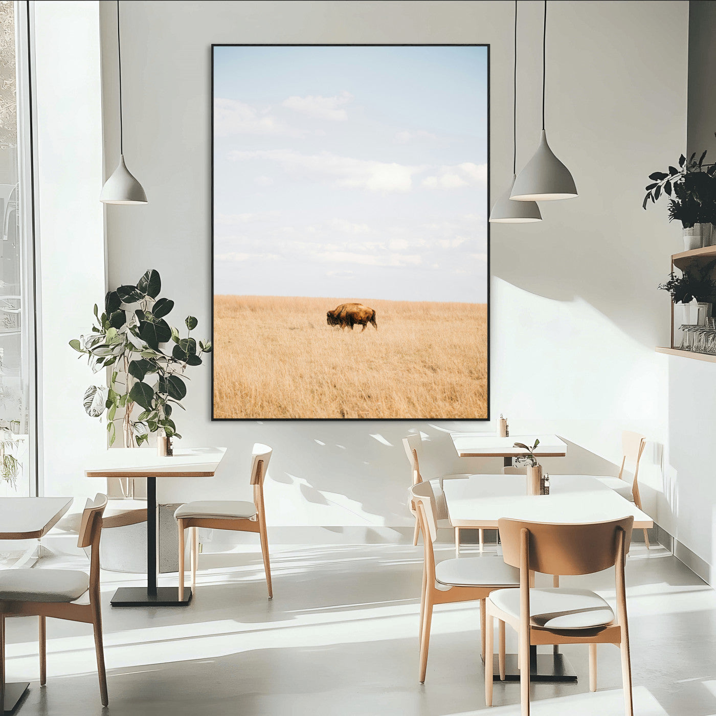 96766166-MGV-CV-24X36-Minimalist Nature Wall Art Canvas Print, Framed Bison In Grassland Art Picture Print, Open Field
