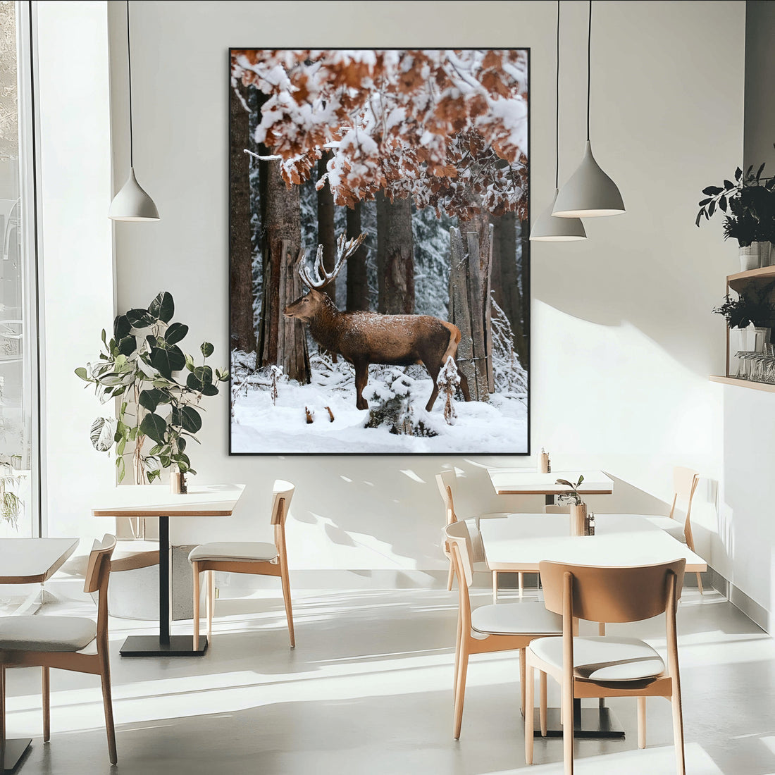 Serene Landscape Wall Art Canvas Print, Framed Winter Wonderland Deer Art, Rustic Cabin Decor