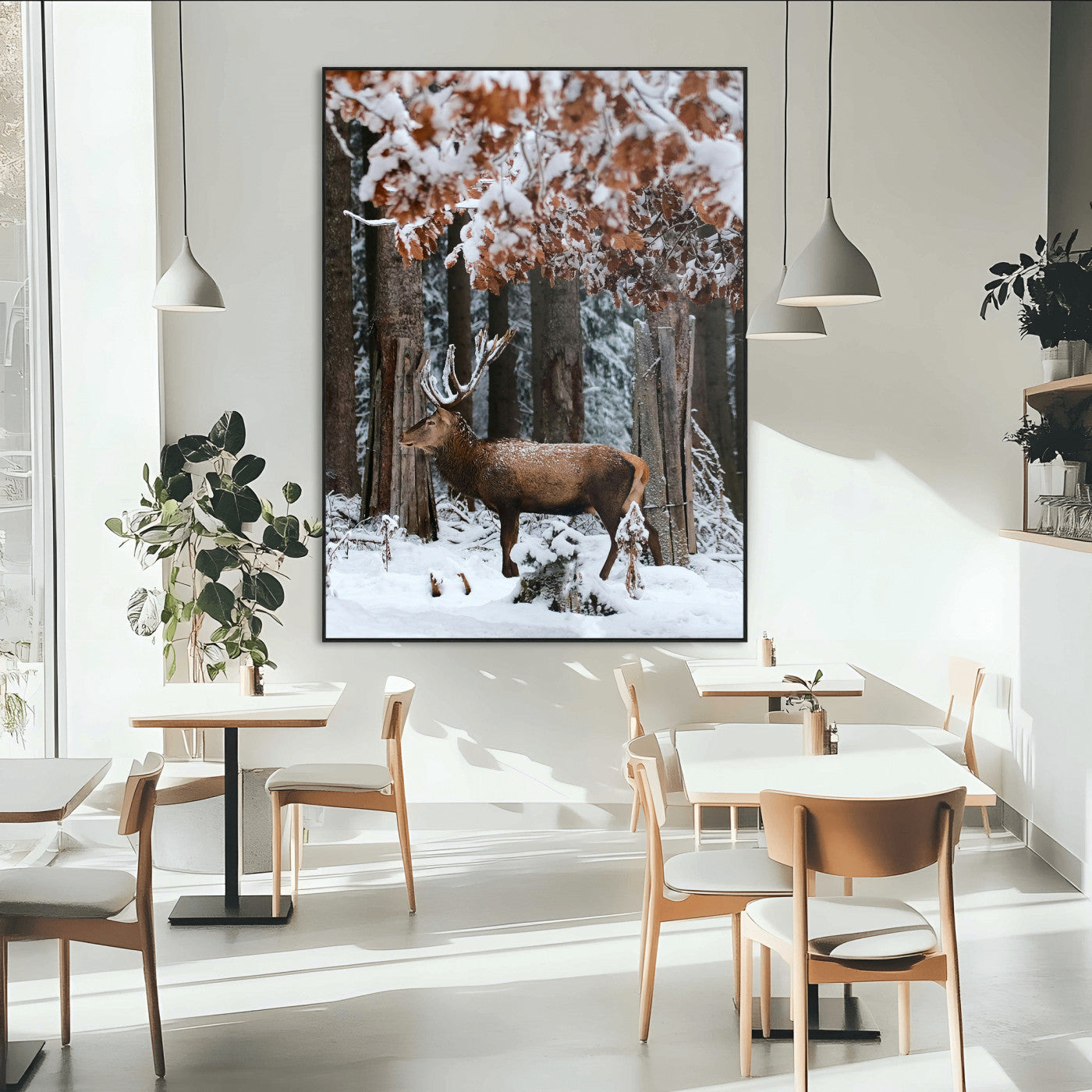 SEG-FC-51X34_Oversize - Serene Landscape Wall Art Canvas Print, Framed Winter Wonderland Art Picture Print, Winter Deer Perfect Cabin Decor Artwork