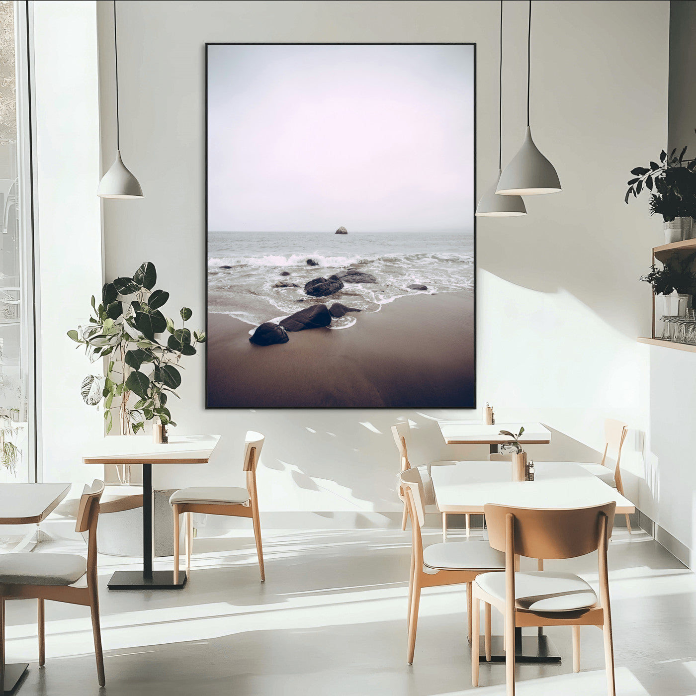 SEG-FC-51X34_Oversize - Moody Seascape Wall Art Canvas Print, Framed Neutral Beach Art Picture Print, Foggy Ocean Perfect Minimalist Decor Artwork