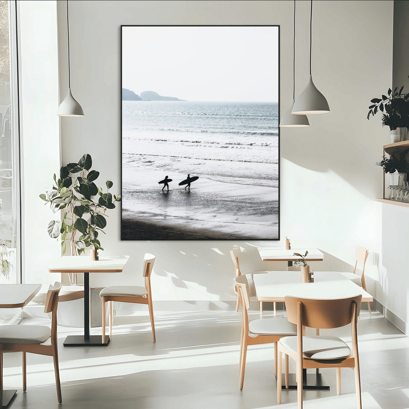 SEG-FC-51X34_Oversize - Surfer Silhouettes Wall Art Canvas Print, Framed Minimalist Ocean Art Picture Print, Soft Horizon Perfect Minimalist Coastal Decor Artwork