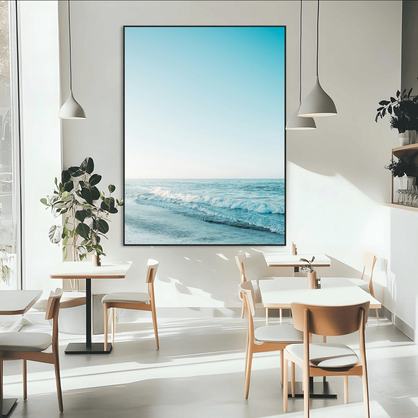 SEG-FC-51X34_Oversize - Minimalist Ocean Wall Art Canvas Print, Framed Calm Seascape Art Picture Print, Soft Blue Tones Perfect Coastal Minimalist Decor Artwork