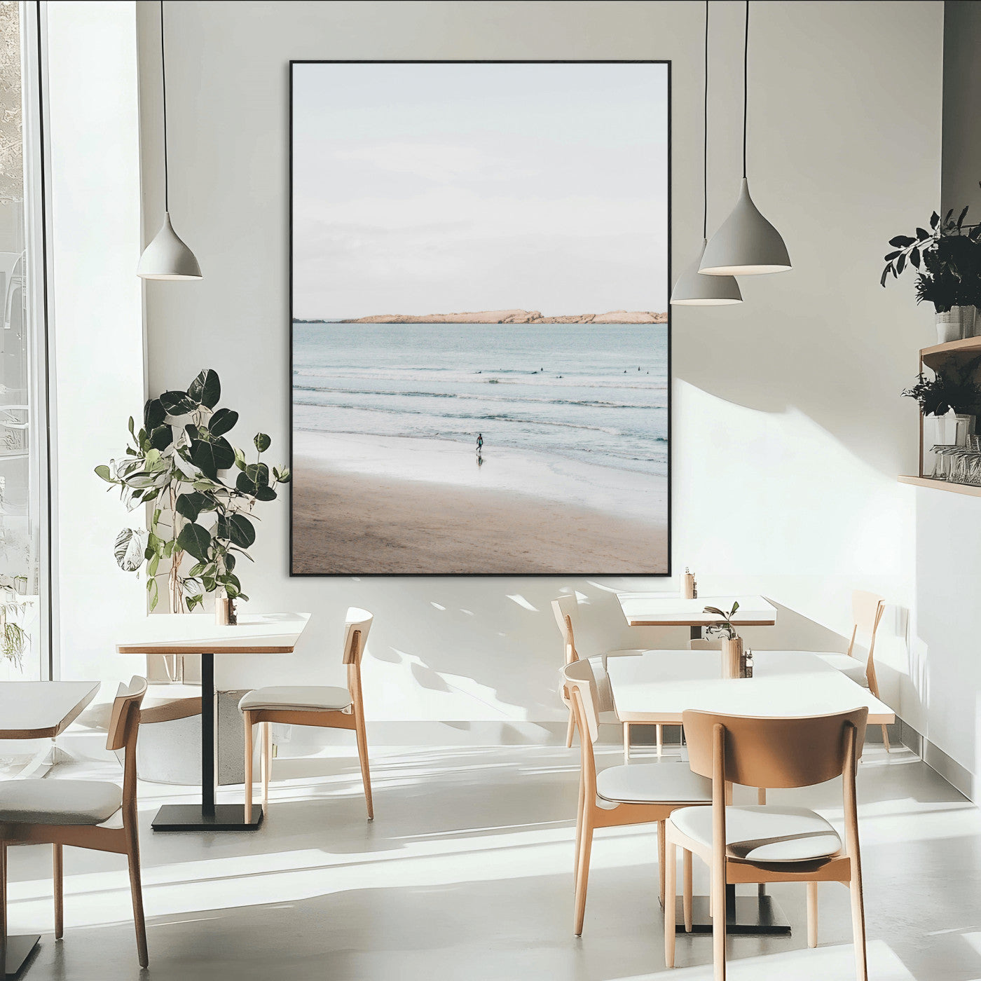 SEG-FC-51X34_Oversize - Minimalist Beach Wall Art Canvas Print, Framed Soft Blue Tones Art Picture Print, Tranquil Ocean Perfect Coastal Minimalist Decor Artwork