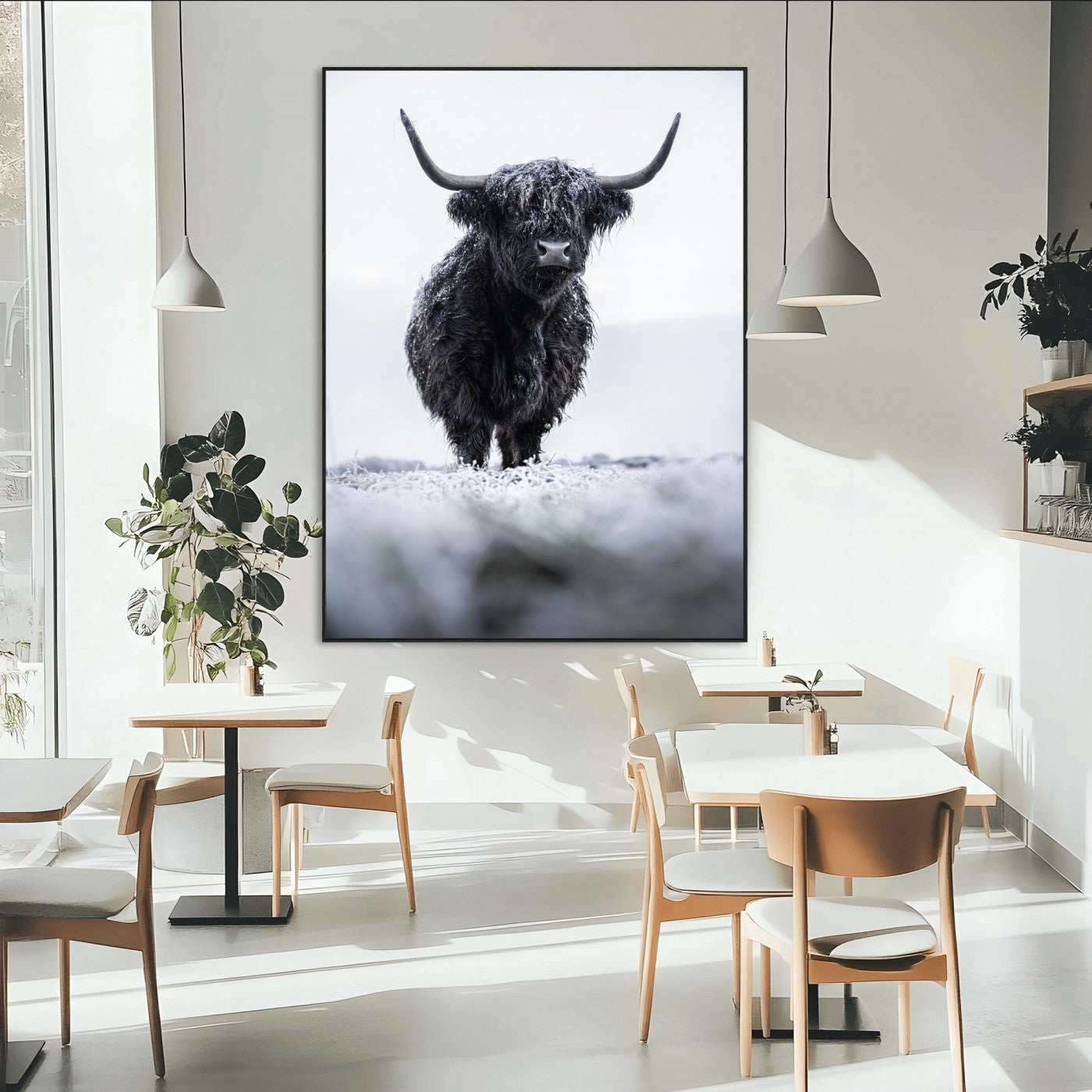 SEG-FC-51X34_Oversize - Frosty Black Highland Wall Art Canvas Print, Framed Moody Winter Aesthetic Art Picture Print, Scottish Highlands Perfect Modern Rustic Decor Artwork