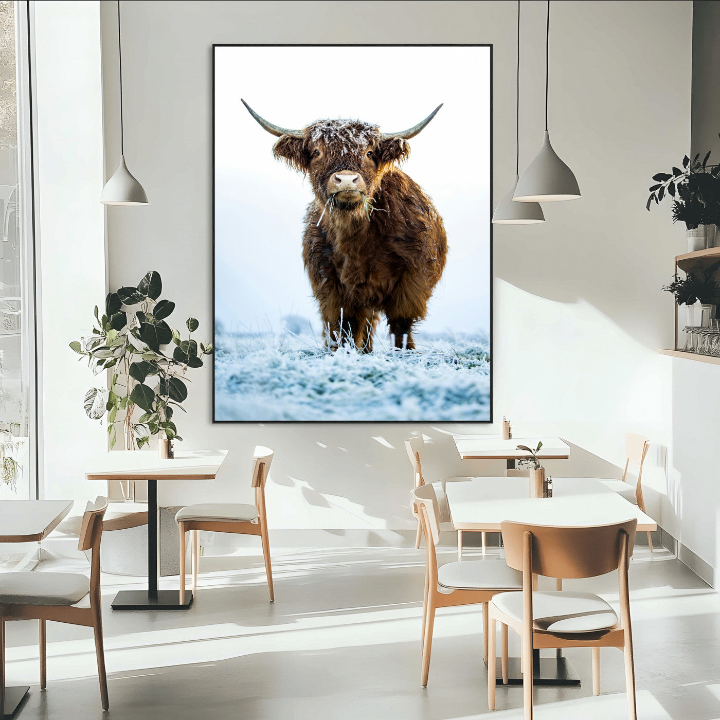 SEG-FC-51X34_Oversize - Highland Cow Wall Art Canvas Print, Framed Frosty Grass Art Picture Print, Winter Scene Perfect Rustic Farmhouse Decor Artwork
