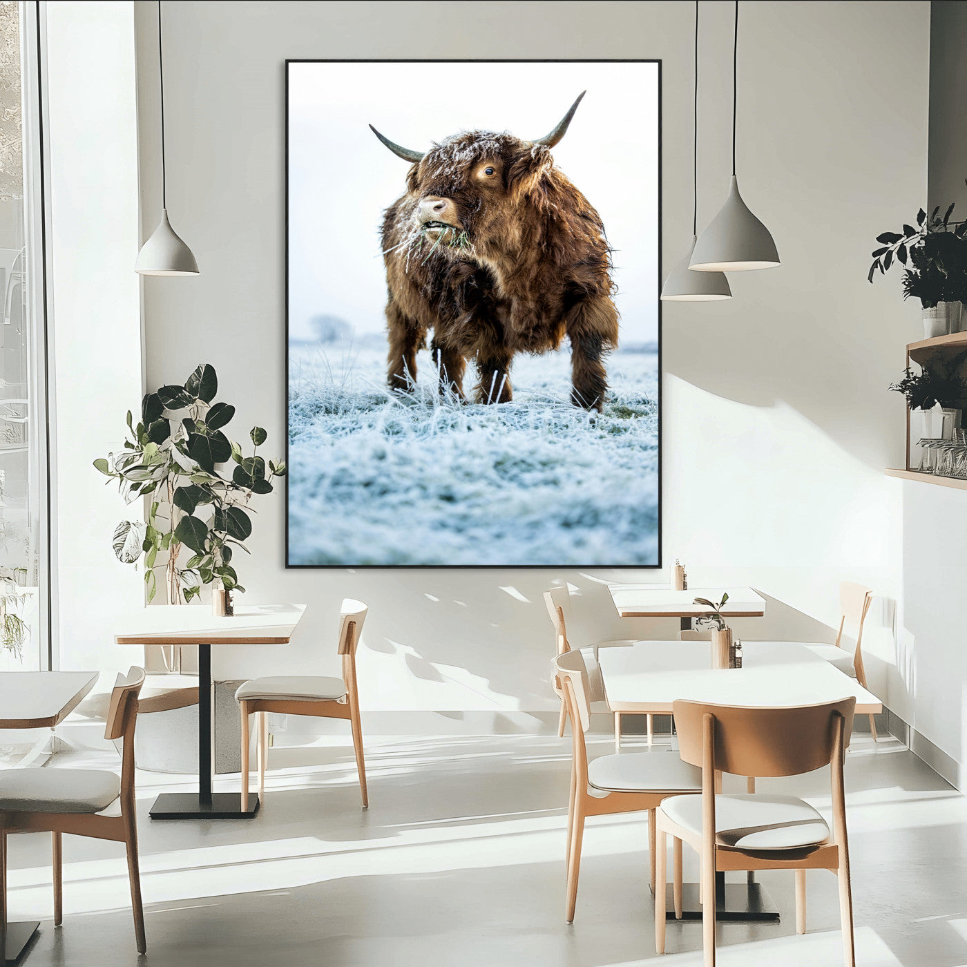 SEG-FC-51X34_Oversize - Minimalist Scottish Highlang Cow Wall Art Canvas Print for Farmhouse / County Style Art Print for