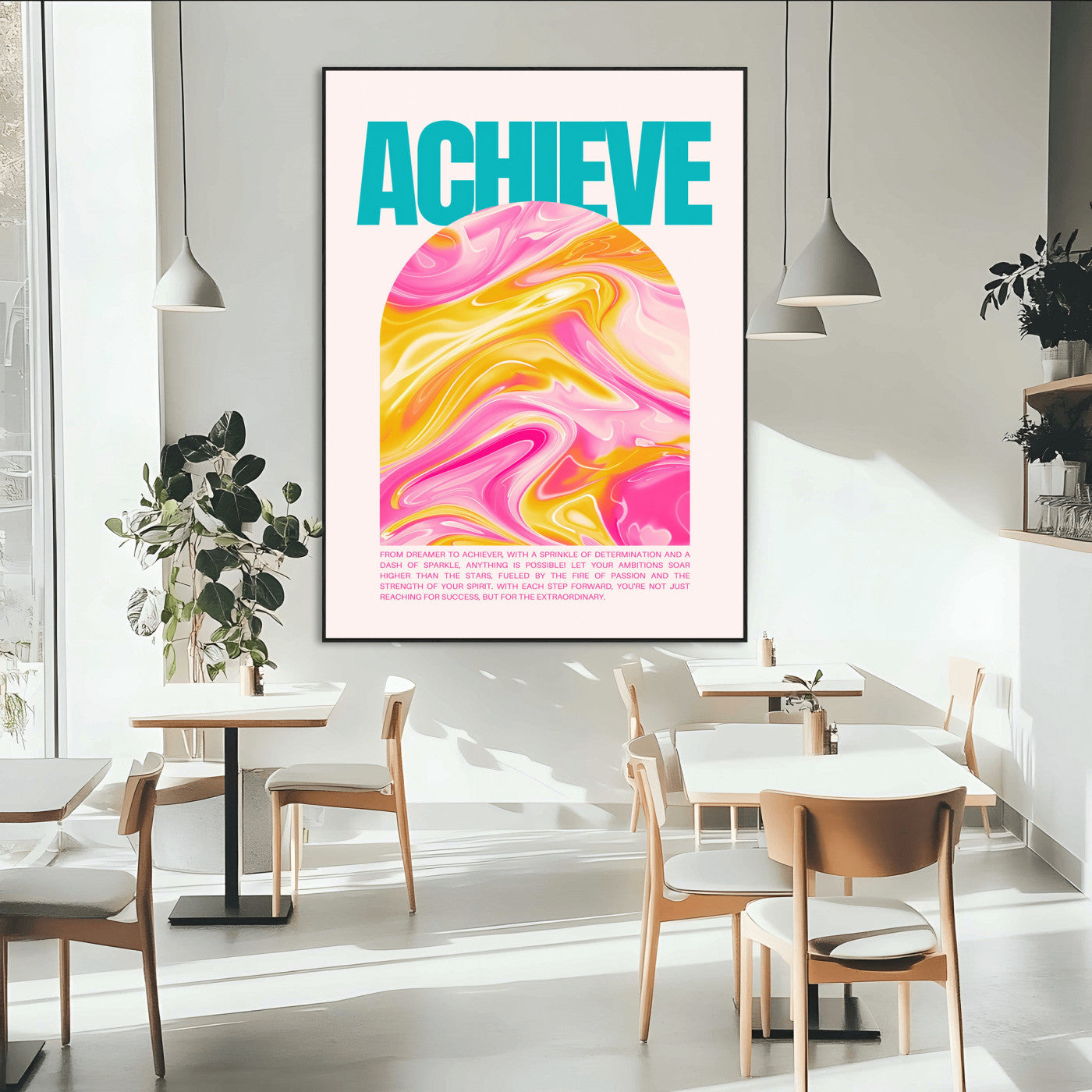 SEG-FC-51X34_Oversize - Achieve Motivational Poster Canvas Wall Art – Inspirational Abstract Pink & Yellow Swirls, Positive Quote Decor for Office, Home