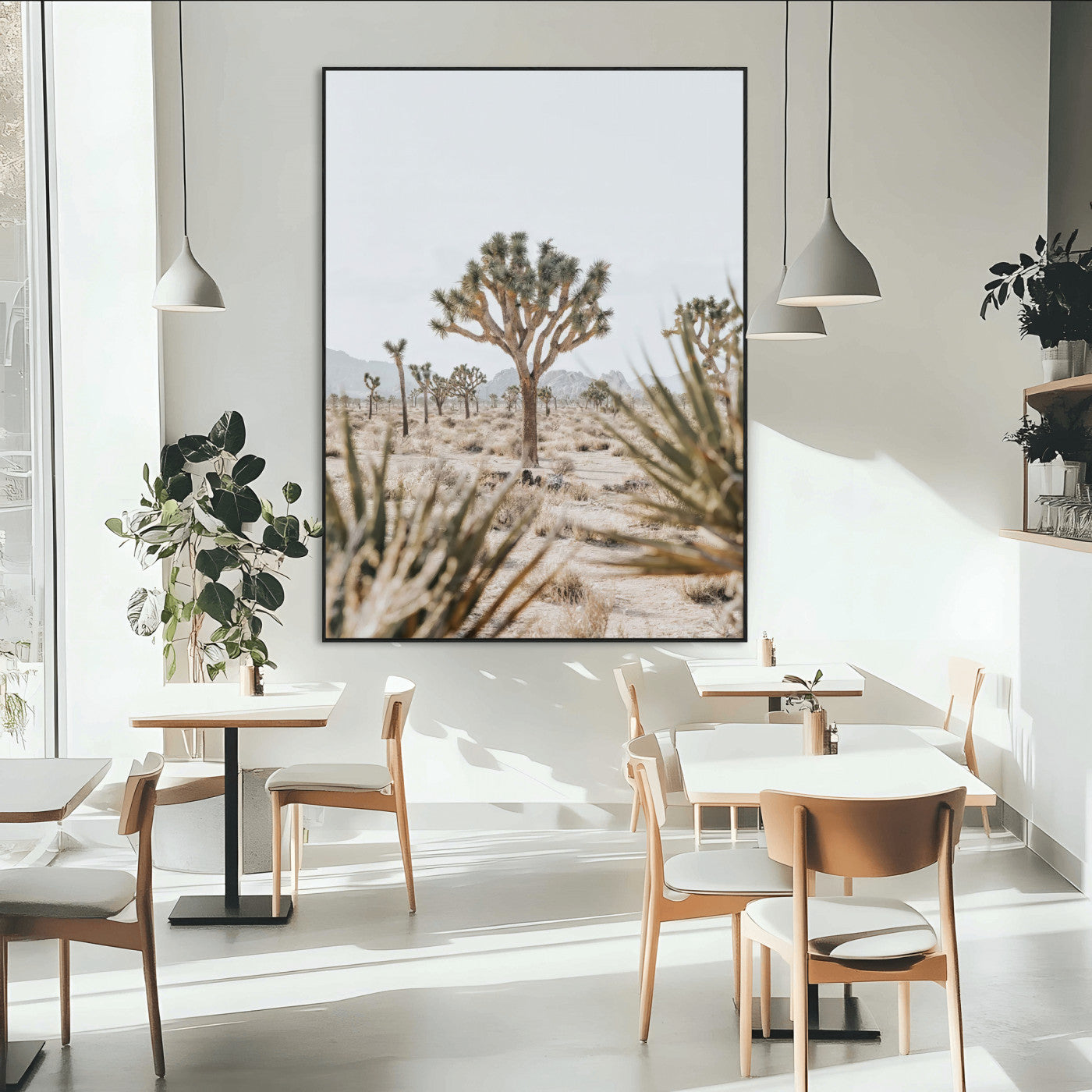 A wide desert landscape featuring multiple Joshua trees with spiky leaves and twisted branches, set against a pale sky and distant rocky hills. The foreground has blurred desert shrubs, emphasizing depth.